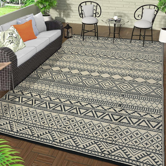 GAOMON Outdoor Rug 9'x12' Waterproof Rug for Patio Decor, Foldable Reversible Plastic Straw Area Rugs Mat for Camper, Outside Carpet for Deck, Porch, Picnic, Beach, Black/Coffee(Bohemia)