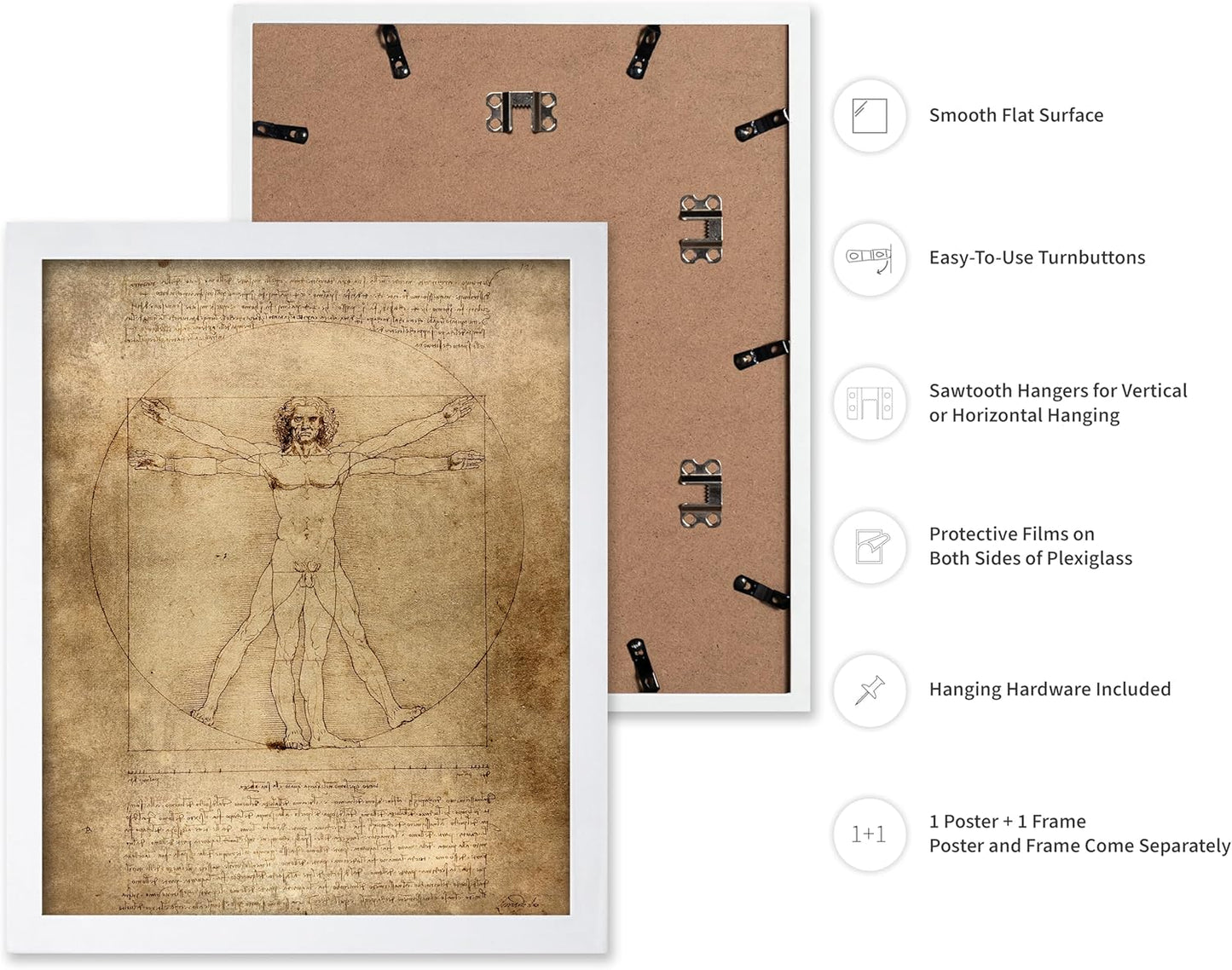 Poster Master Classic Leonardo Da Vinci Poster - Vintage Renaissance Print - Gift for Artist, Friend - Vitruvian Man, Proportion, Symmetry, Human Body - Wall Decor for Office, 16x20 White Framed