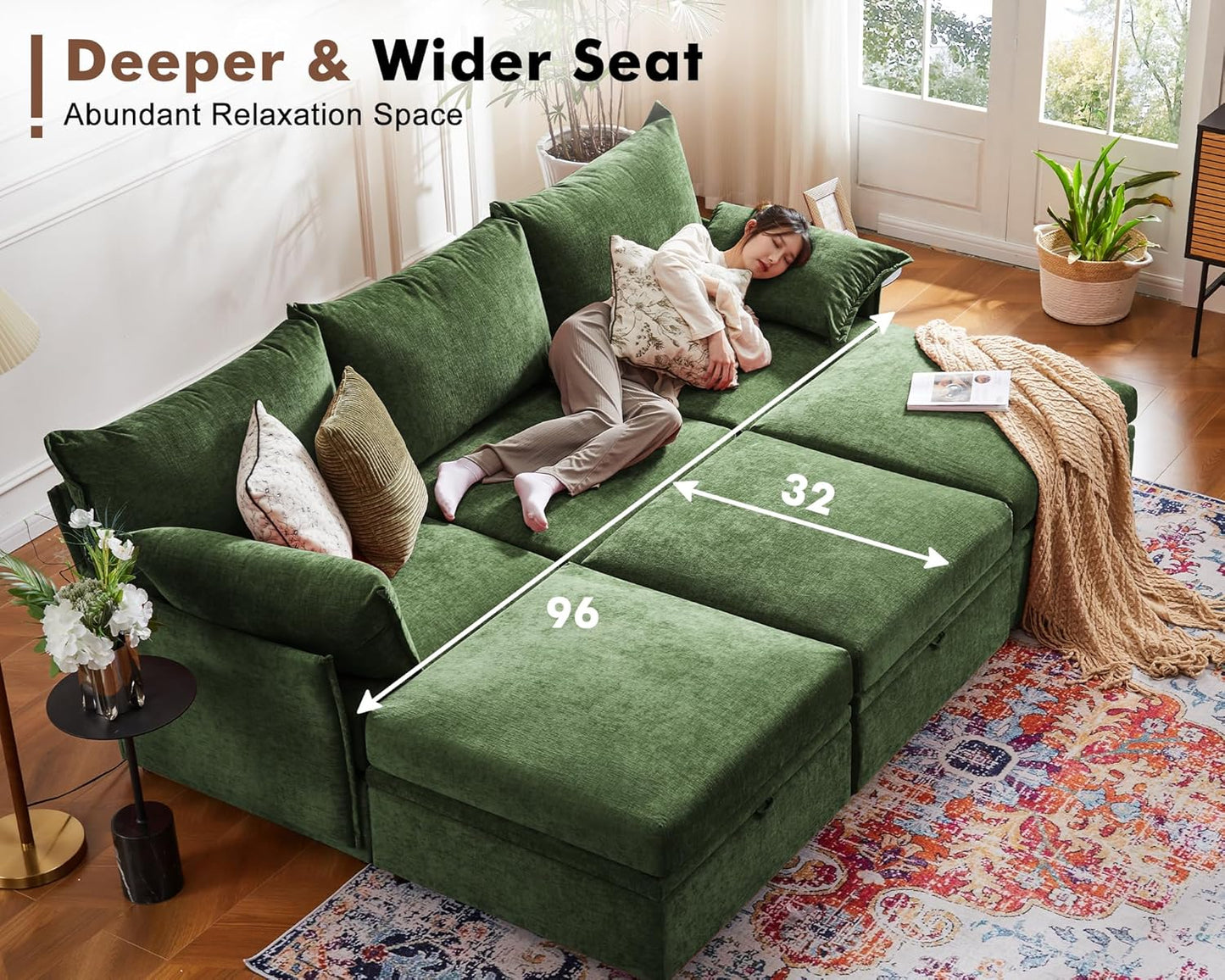 102.6" Luxury Modular Sleeper Sofa Bed 6 Seat Reversible Sectional Couch Deep Seat with Storage Chaises Removable Cover for Living Room, Apartment - Chenille Green