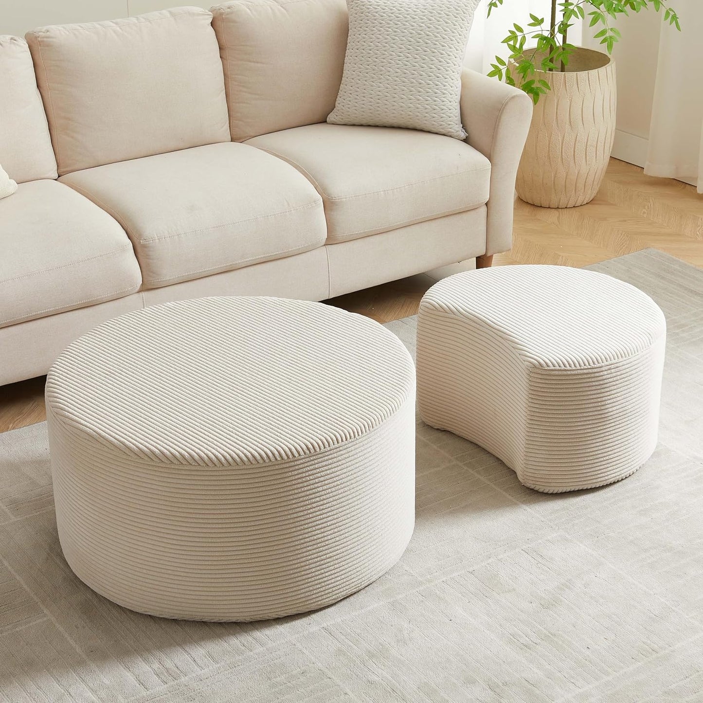 WILLIAMSPACE 50" Foam Nesting Coffee Table Set of 2, Modern Upholstered Round Center Tables for Living Room, Accent Side Tea Table Ottoman, No Assembly - Beige