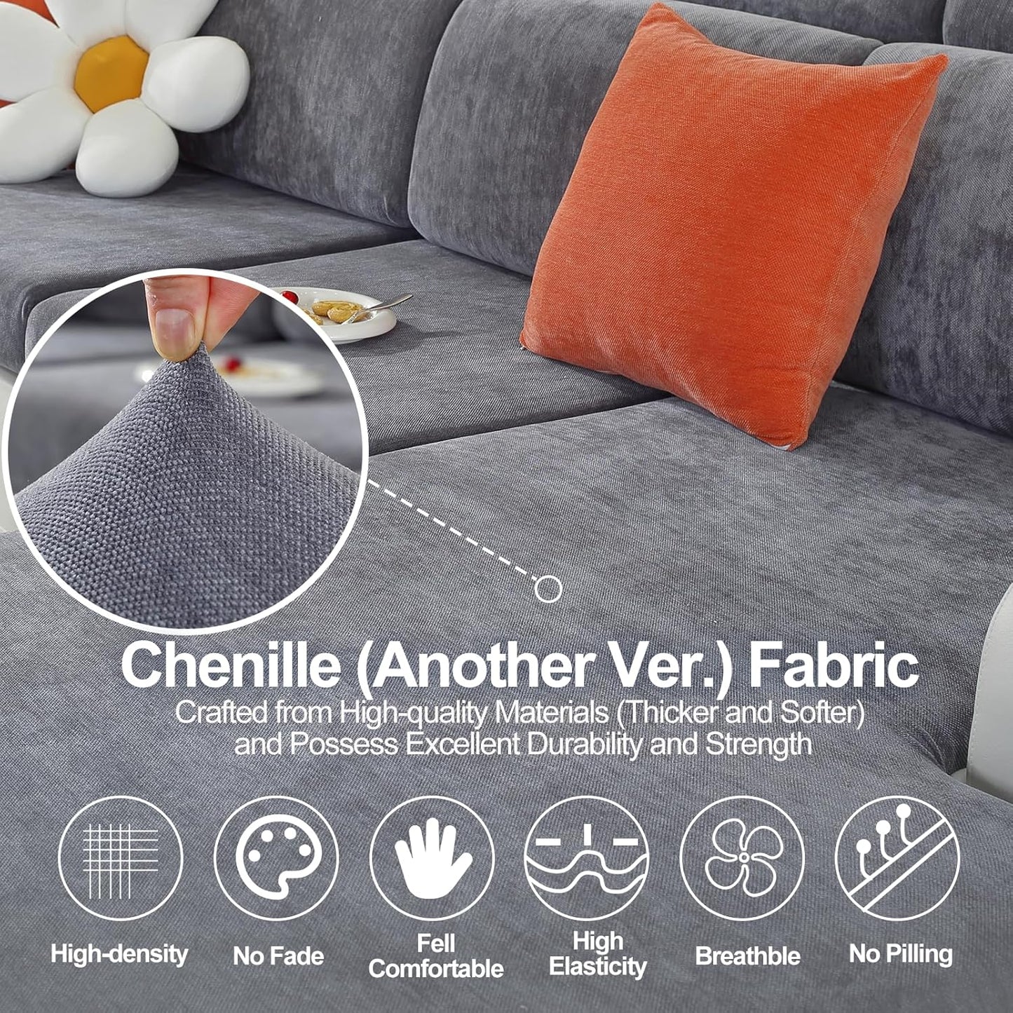 Large Backrest Cushion Covers Super Stretch Backrest Covers for 3 Cushion Couch Sofa, Couch Back Cushion Covers Featuring with Chenille Yarn (Softer Version, 3PC, Dark Grey)
