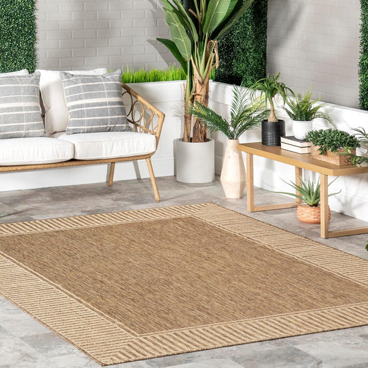 nuLOOM 4' x 6' Outdoor Area Rug, Casual Design With Striped Border, Stain Resistant, Highly Durable, For Patio, Balcony, Bedroom, Living Room, Dining Room, Bathroom, Light Brown