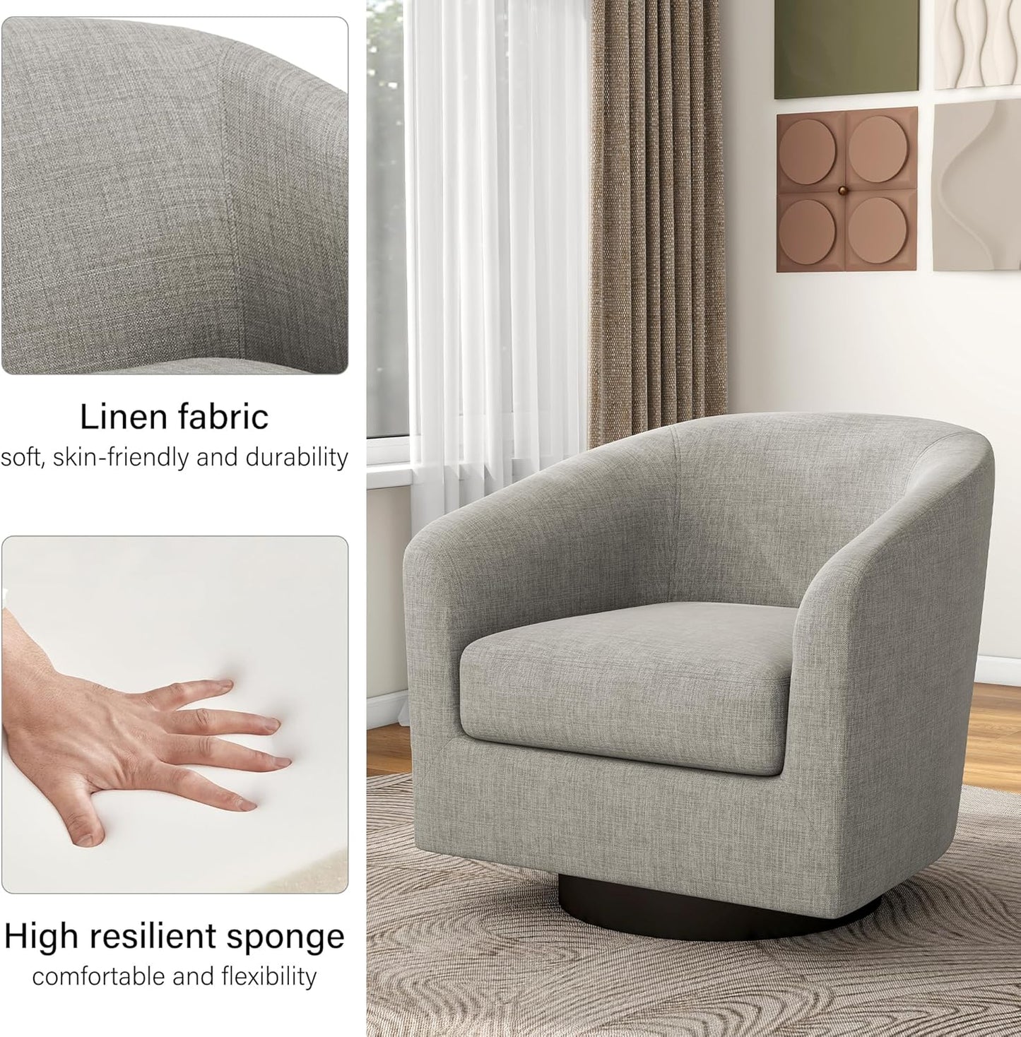Swivel Barrel Accent Chair Set of 2, Modern Round Linen Arm Chair for Living Room, Bedroom, Comfy Club Reading Chairs for Adults, Linen Fabric-Khaki, 2 SEAT