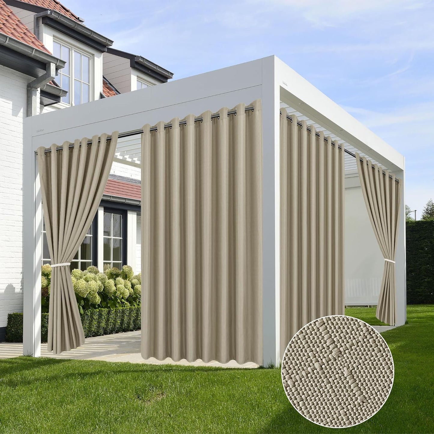 HolidayIdeas Linen Outdoor Curtains for Patio 4 Panels Waterproof Taupe Outside Curtains 110"x108"-Indoor/Outdoor Gazebo Wide Curtains Weatherproof, Privacy for Pergola, Porch, Cabana, Pool