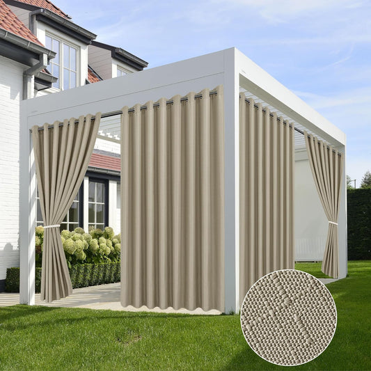 HolidayIdeas Linen Outdoor Curtains for Patio 4 Panels Waterproof Taupe Outside Curtains 110"x108"-Indoor/Outdoor Gazebo Wide Curtains Weatherproof, Privacy for Pergola, Porch, Cabana, Pool