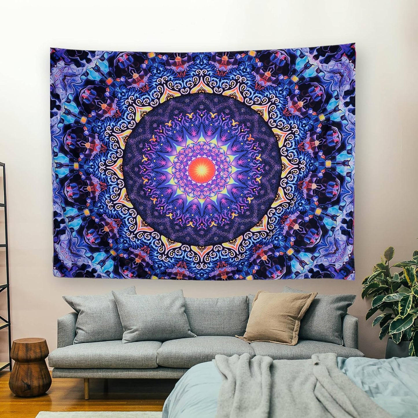 OSVINO Blacklight Trippy Mandala Tapestry 59"x51" UV Reactive Fantasy Tapestry Aesthetic Wall Decor for Living Room Bedroom Boho Wall Hanging