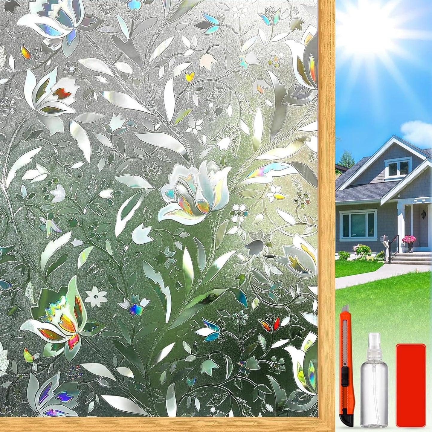 Rainbow Window Privacy Film Decorative, Stained Glass Window Tint for Home, 3D Decals Window Clings for Glass Windows, Static Cling Window Sticker, Suncatcher Window Cover,17.5" by 78.74"