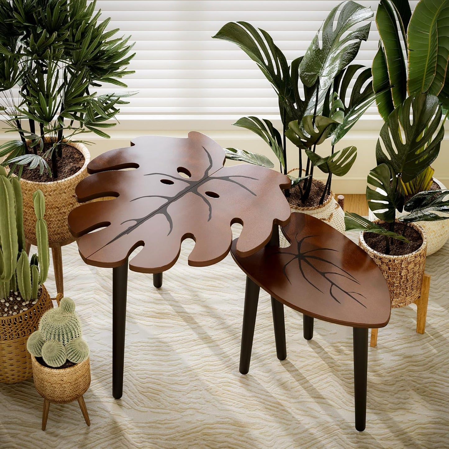 BAMEOS Monstera Leaf Nesting Tables Set of 2, Small Coffee Table Set with Leaf Vein Pattern, Modern Wooden Side Tables for Living Room Bedroom Apartment Balcony Yard