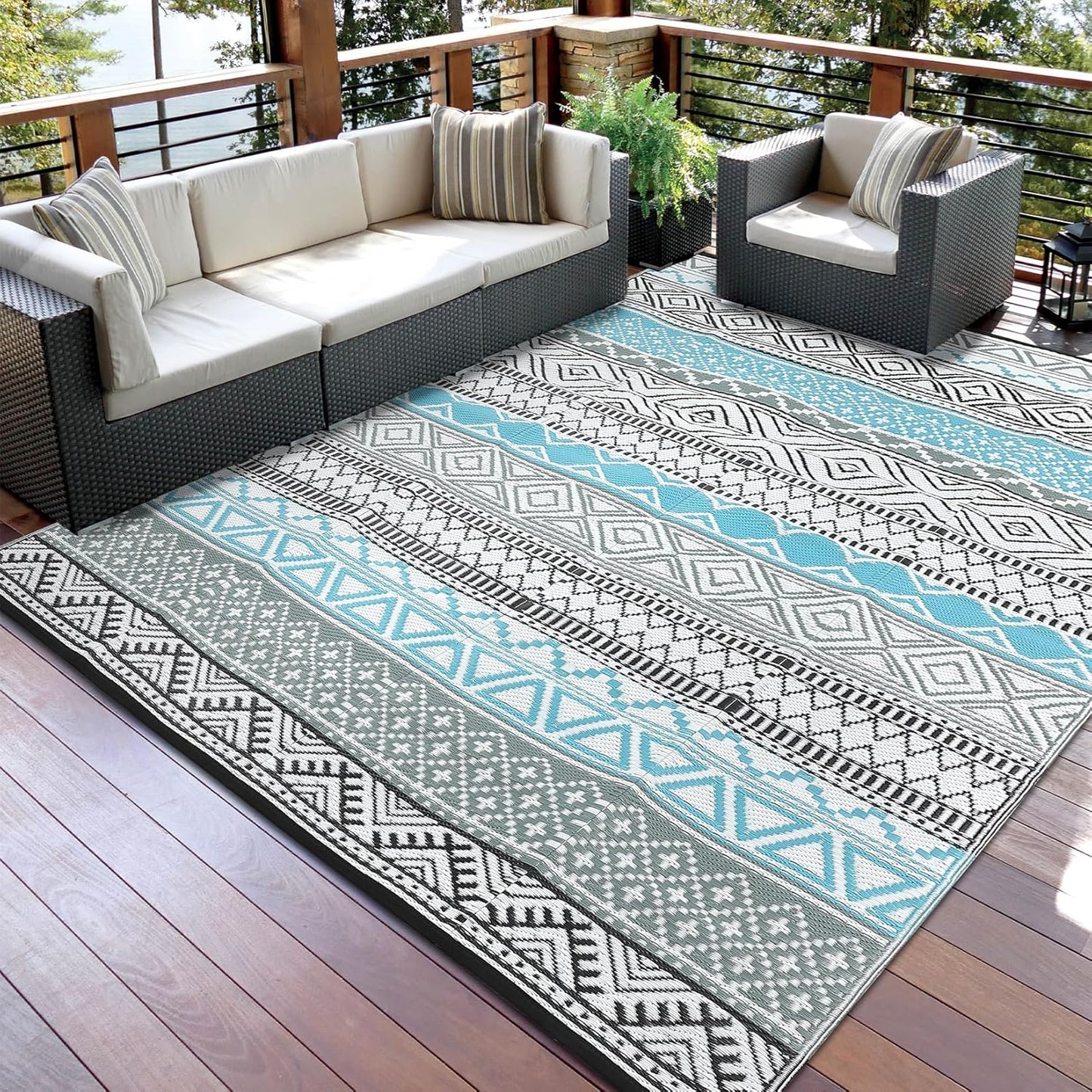 GAOMON Outdoor Rug 9'x12' Waterproof Rug for Patio Decor, Foldable Reversible Plastic Straw Area Rugs Mat for Camper, Outside Carpet for Deck, Porch, Picnic, Beach, Blue/Grey(Bohemia)
