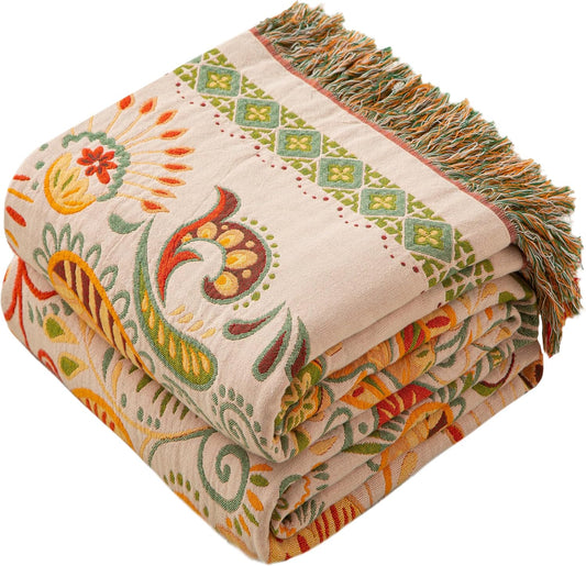 Boho Throw Blanket Queen Size, Oversized Soft Cozy Cotton Muslin Quilt Blanket for Bed Decor, Floral Patterned Couch Sofa Chair Cover, Vintage Farmhouse Cottage Woven Blanket, Coral&Green