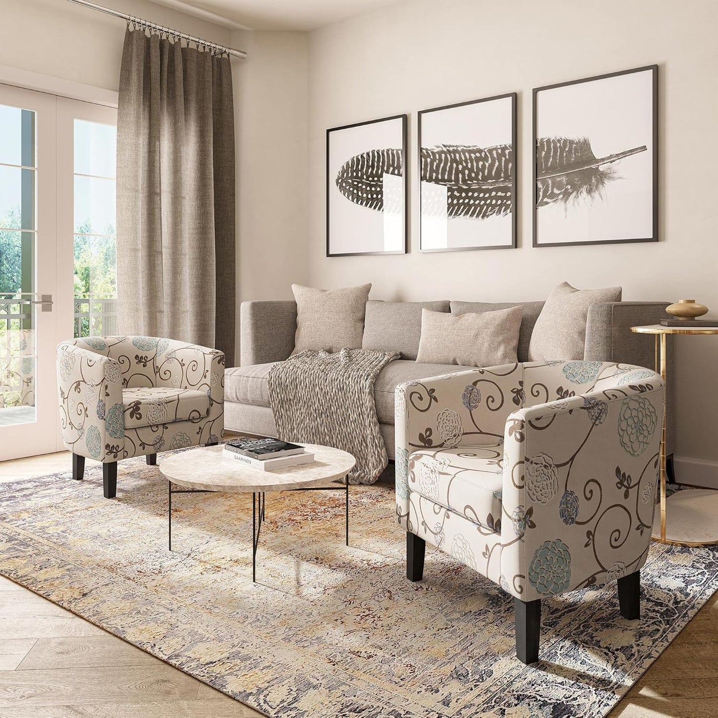 BELLEZE Living Room Chair, Linen Round Accent Barrel Chair, Club Tub Sofa Chair for Bedroom, Corner Chair with Flared Legs and Cozy Soft Padding - Highland (Floral Print)