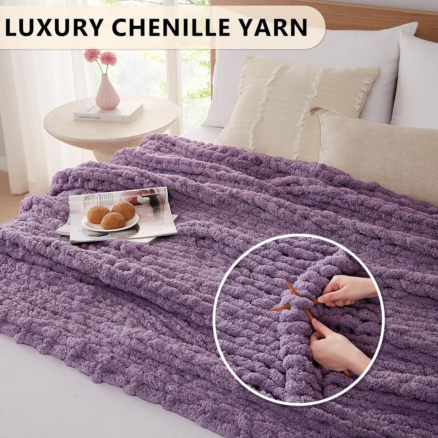 L'AGRATY Chunky Knit Blanket Throw: 50''x60'' Chenille Chunky Knitted Throw Blanket for Bed Couch - Handmade Thick Big Cable Knit Blanket - Large Crochet Rope Blanket for Home Decor(Deep Purple)