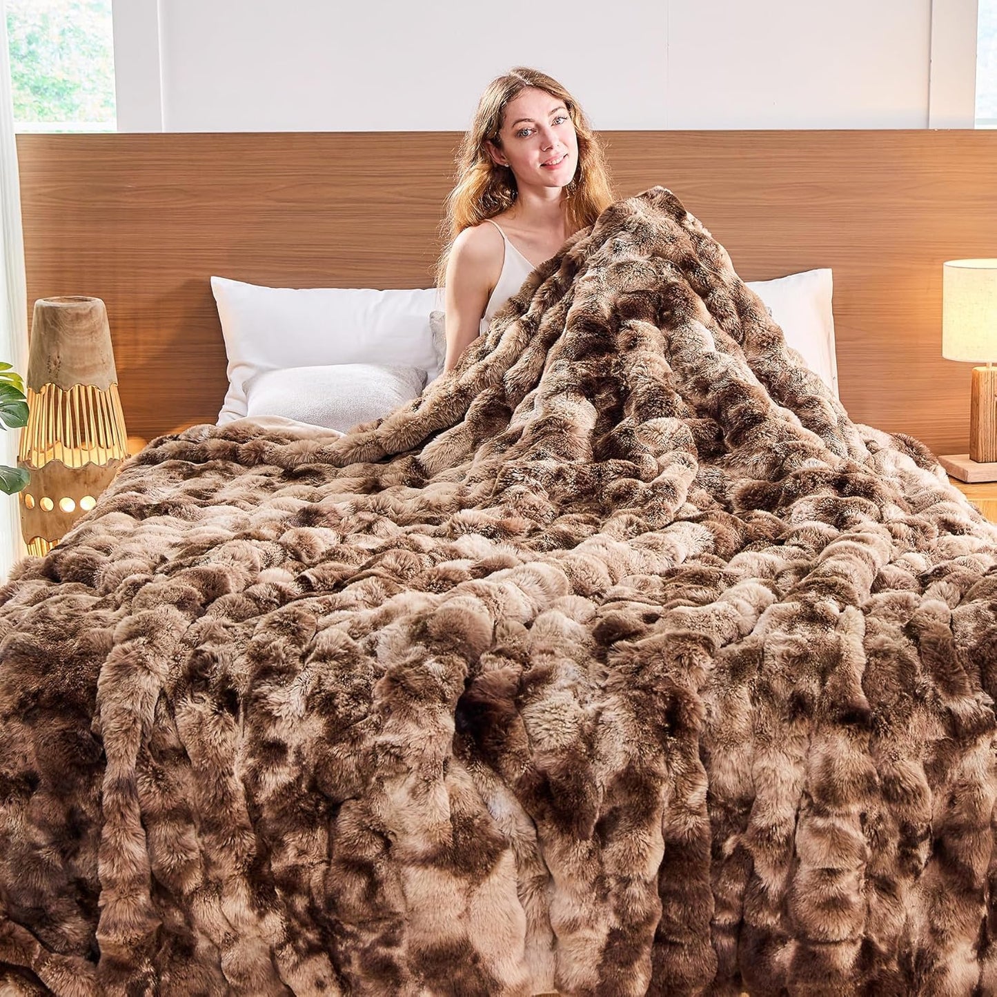 Lotus Karen Faux Fur Throw Blanket Tie-Dye Dark Coffee - Big Bubble Rabbit Fluff Blanket for Couch,Small Fluffy Fuzzy Cozy Blanket,Thick Furry Plush Shaggy Blankets,60x80 Inches