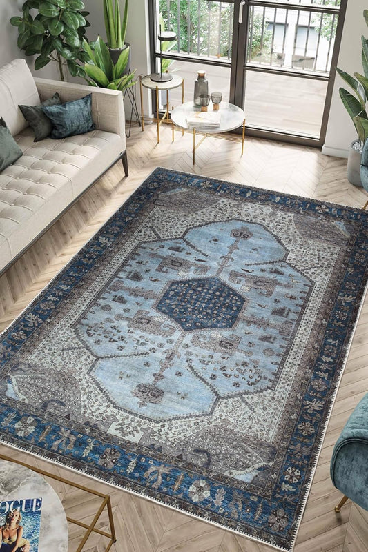 Keen Home Design 8x10 Rug - Machine Washable Area Rug with Non-Slip Backing, Ideal for Living Room, Dining Room, Bedroom - Vintage, Easy Clean, Durable, Low Pile Rug - (8' x 10')