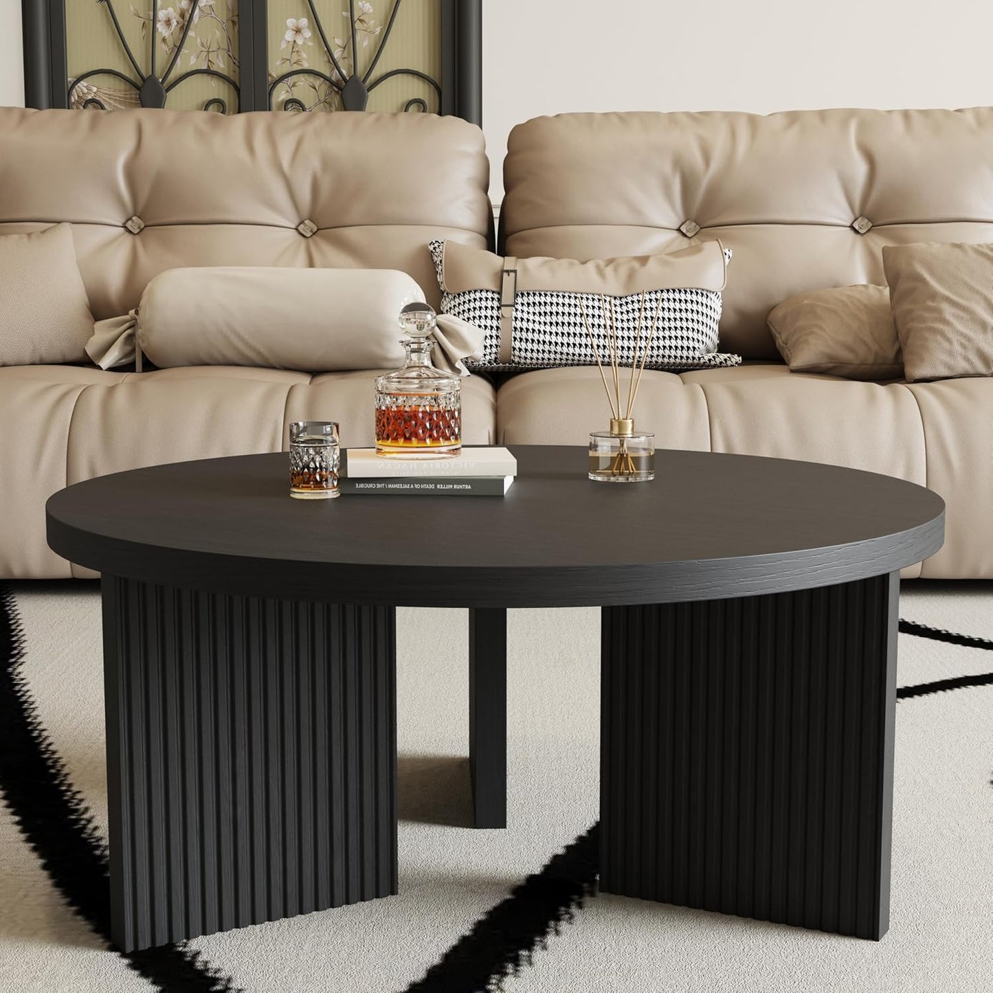 Wooden Round Coffee Table, 35" Coffee Table with Smooth Thick Mesa, Low Circle Center Table with X Shaped Stable Legs, Accent Tea Table for Living Room, Office, Black