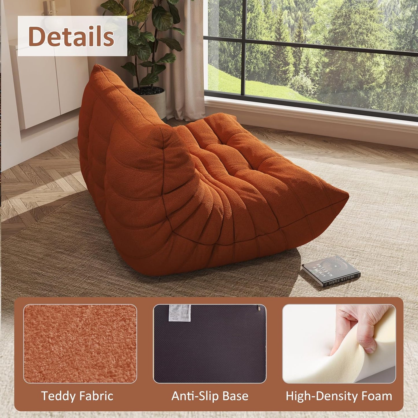 Bean Bag Chairs for Adults Giant Bean Bag Chair， 2 Seater with Memory Foam Filled Fireside Chair, Lazy Sofa Lounge Floor Sofa for Living Room, Bedroom, Office, No Assembly Required. (Orange)