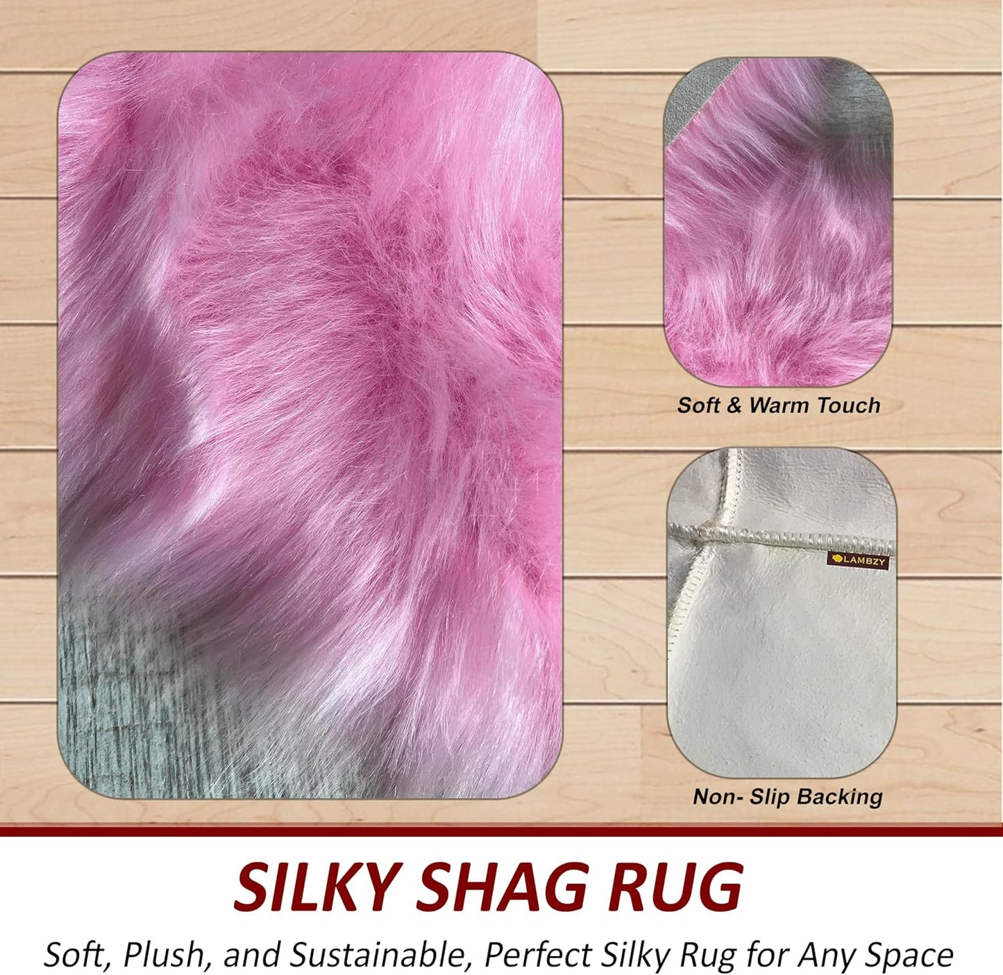 LAMBZY Faux Sheepskin Super Soft Hypoallergenic Free Shape Silky Shag Rug, Luxury Shaggy Plush Carpet for Bedrooms Living Kids Room Sofa Rugs (Pink, Decto 10 Pelts 6'x10')