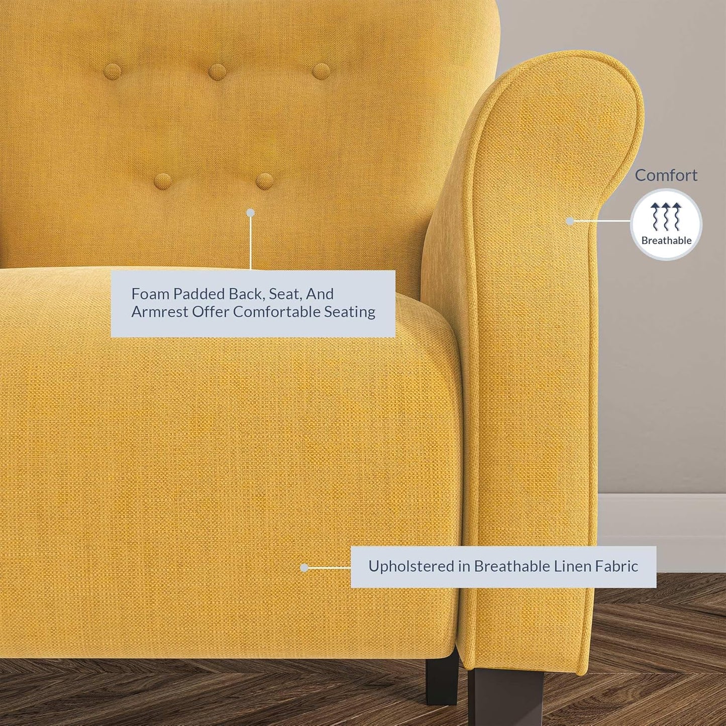 BELLEZE Modern Accent Chair, High Back Armchair, Upholstered Wingback Side Chair, Padded Single Sofa with Wooden Legs for Living Room, Bedroom - Citrine Yellow