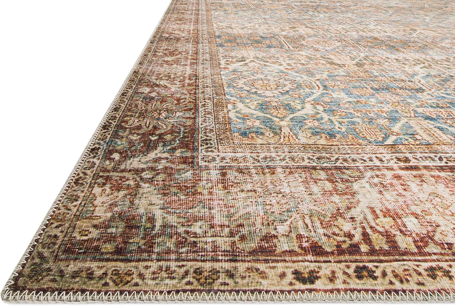 Loloi Layla Collection LAY-04 Ocean/Rust 2'-6" x 9'-6" .13" Thick Runner Rug, Soft, Durable, Vintage Inspired, Distressed, Low Pile, Non-Shedding, Easy Clean, Printed, Living Room Rug