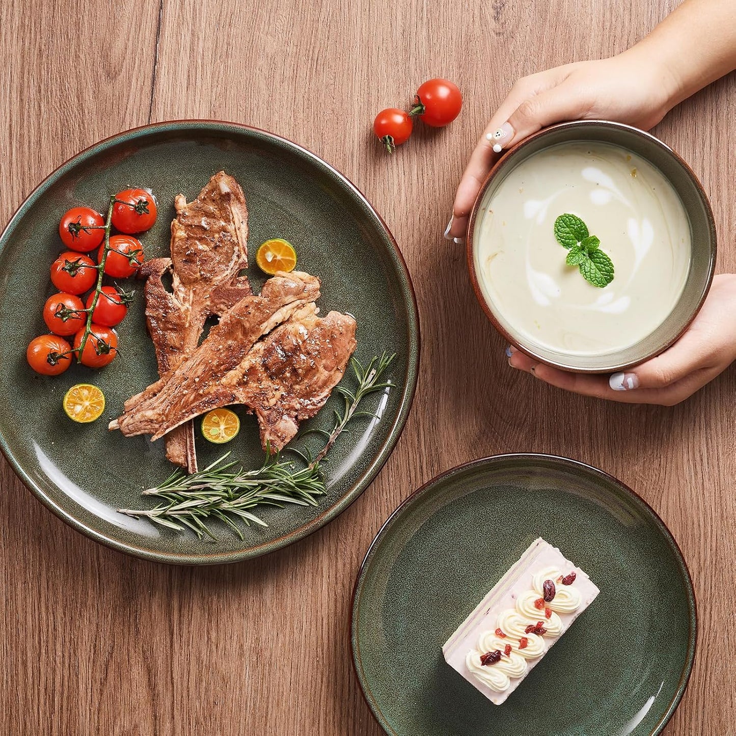24 Piece Dinnerware Sets for 8, Modern Stoneware Plates and Bowls Setst, Perfect for Family Gatherings & Holiday Celebrations, Easy Cleaning Dishes Set, Stack Compactly Dishware, Brown Green