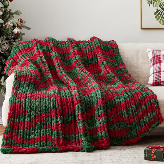 Chunky Knit Throw Blanket, 40''*50'' Knitted Throw Chenille Yarn for Bed Couch, Handmade Stripe Crochet Big Thick Blanket, Machine Washable Cute Comfy Blanket for Home Decor