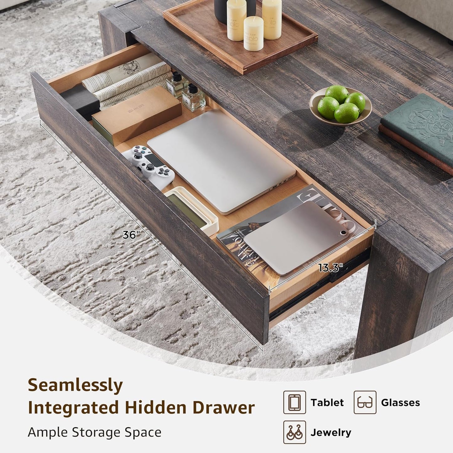 OKD 48" Modern Farmhouse Coffee Table, Wooden Living Room Table with Hidden Storage Drawer, Rustic Rectangular Center Tables w/Wood Thick Design for Living Room, Office, Dark Rustic Oak