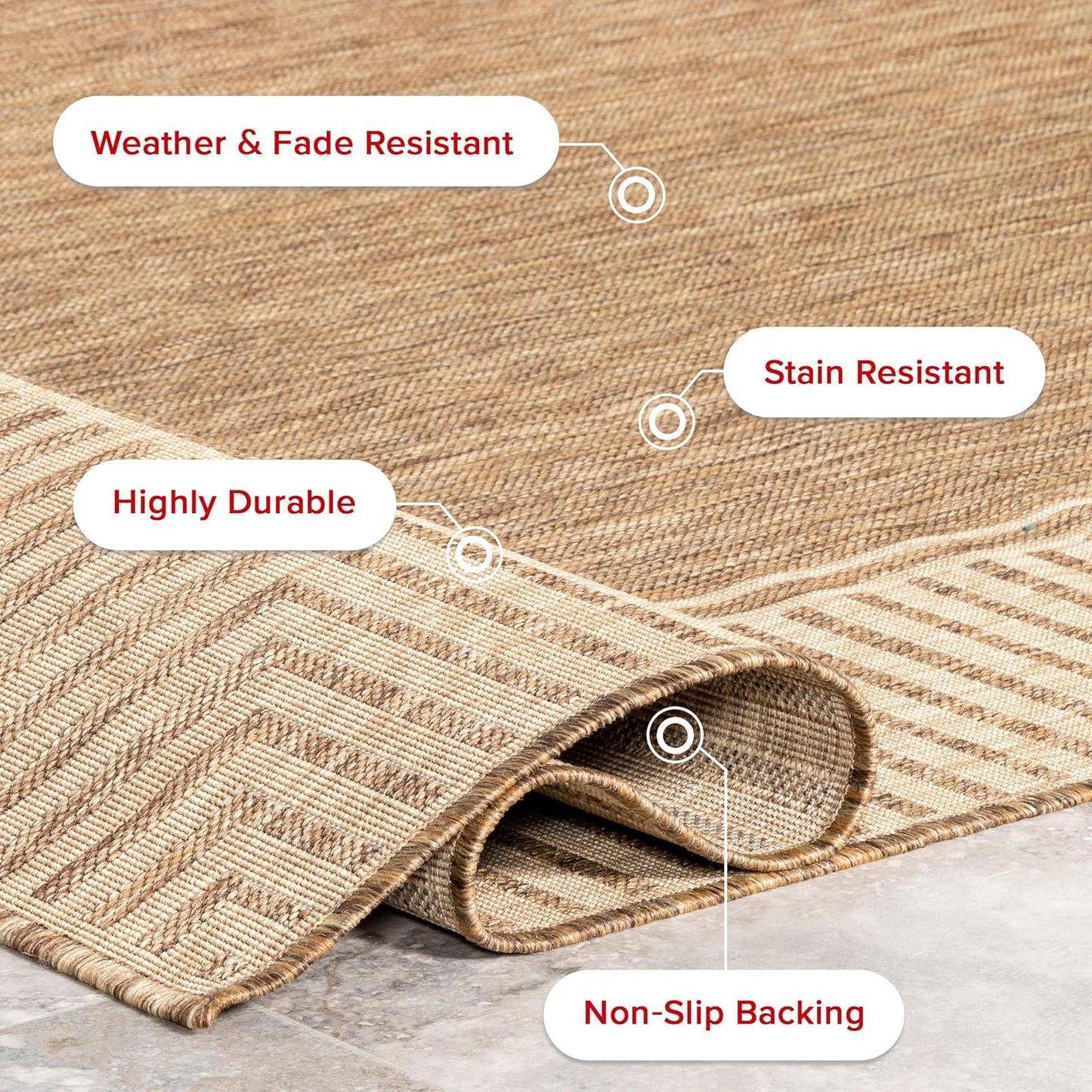 nuLOOM 6' 7" x 9' Outdoor Area Rug, Casual Design With Striped Border, Stain Resistant, Highly Durable, For Patio, Balcony, Bedroom, Living Room, Dining Room, Bathroom, Light Brown