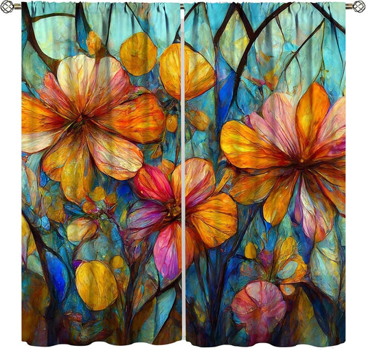 Stained Glass Curtains,Magic Forest Colorful Flowers Abstract Art Home Decor Drapes for Bedroom Living Room Kitchen Window Treatment 2 Panels Set Total Size 55" W X 63" L Inch