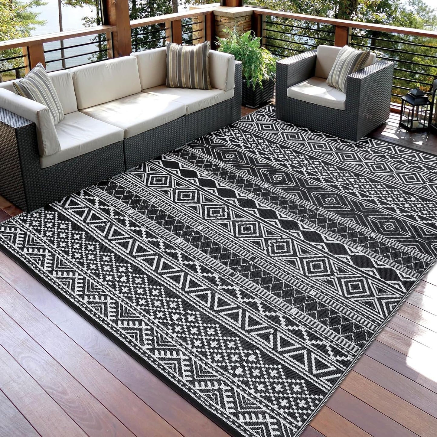 GAOMON Outdoor Rug Waterproof 8'x10', Reversible Outdoor Plastic Straw Rug, Boho Patio Rug, Indoor Outdoor Carpet, RV Mat Outside for Patio, Camp, Picnic, Balcony, Deck, Black/White(Bohemia)