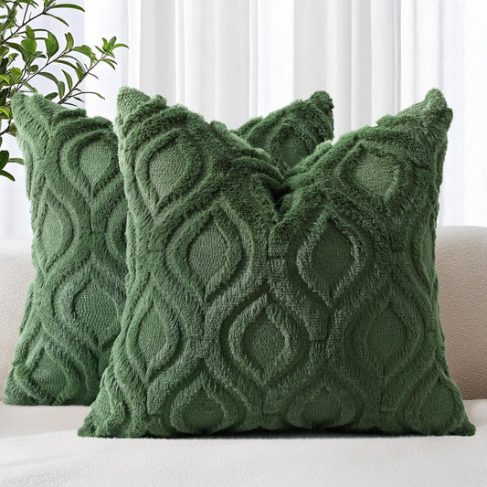 decorUhome Throw Pillow Covers 24x24 Inch Set of 2, Soft Plush Decorative Faux Fur Forest Elf Solid Couch Pillow Covers, Accent Farmhouse Neutral Square Euro Pillow Cases for Sofa Bed Living Room