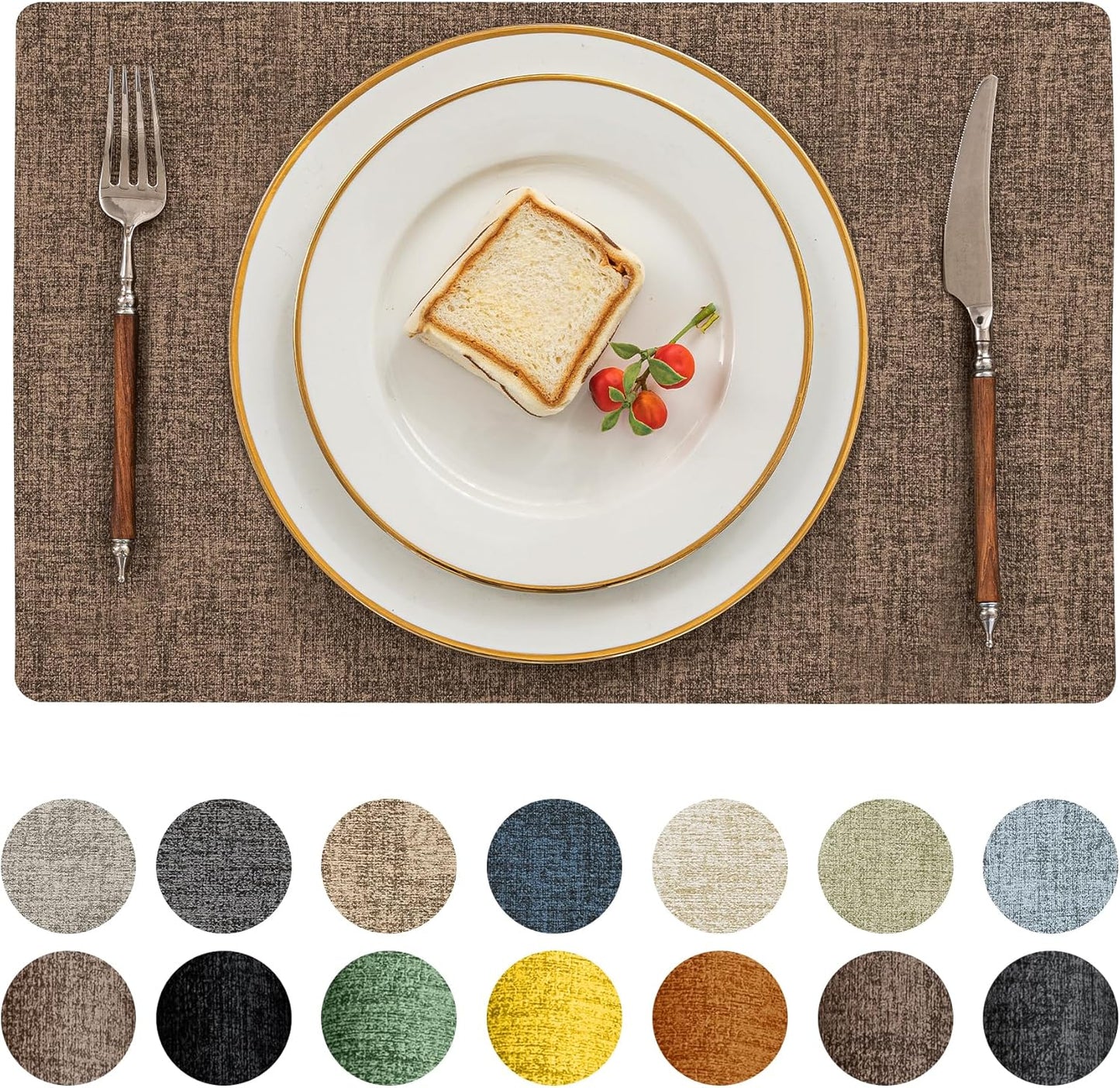Romanstile Vinyl Placemats Set of 12-12 X 18 Inch - Heat Resistant Place Mats 100% Waterproof Oilproof Wipeable Reversible Faux Leather Table Mats for Kitchen/Dining/Party/Outdoor, Brown