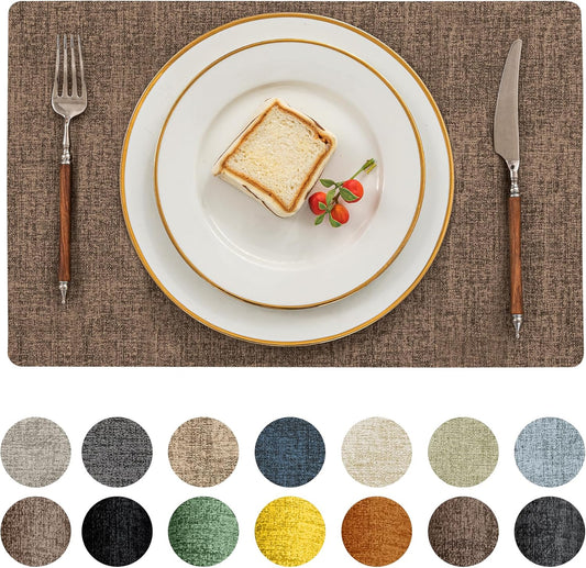 Romanstile Vinyl Placemats Set of 12-12 X 18 Inch - Heat Resistant Place Mats 100% Waterproof Oilproof Wipeable Reversible Faux Leather Table Mats for Kitchen/Dining/Party/Outdoor, Brown
