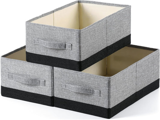 linen closet organizers and storage, 3 Pack Large Storage Baskets, Washable, Clothing Storage Bins with Handle, Closet Organizer for Storage Sweater,Sheets (gray black, 16"x9½"x6¾")