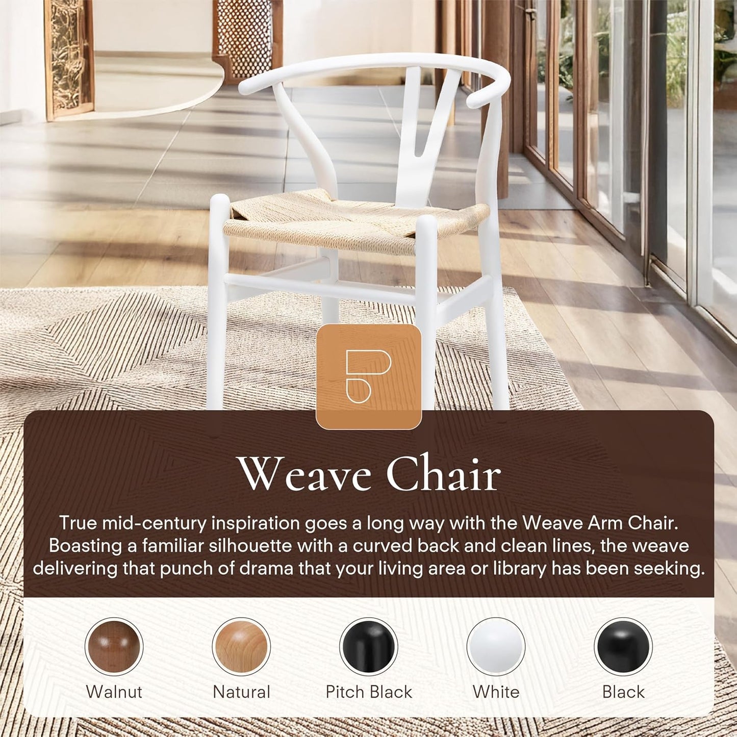 POLY & BARK Weave Dining Chairs – Mid-Century Modern Wishbone Dining Chairs with Arms, Solid Wood Frame, Indoor Use – White – Set of 2 - Ideal for Dining Room, Kitchen or Stylish Accent Setting