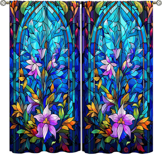 Stained Glass Curtains,Abstract Colorful Floral Geometric Art Home Decor Drapes for Bedroom Living Room Kitchen Window Treatment 2 Panels Set Total Size 52" W X 84" L Inch