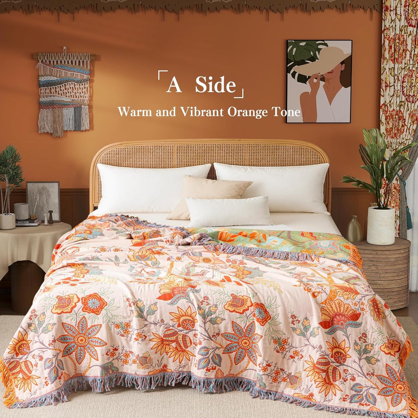 Boho Throw Blanket Full Size, Soft Cozy Cotton Muslin Quilt Blanket for Bed Decor, Floral Patterned Couch Sofa Chair Cover, Vintage Farmhouse Cottage Tapestry Woven Blanket, Coral&Green