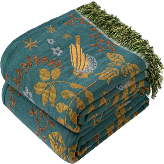 Boho Throw Blanket Twin Size, Soft Cozy Cotton Muslin Quilt Blanket for Bed Decor, Bird Patterned Couch Sofa Chair Cover, Vintage Farmhouse Cottage Tapestry Woven Blanket, Green&Beige