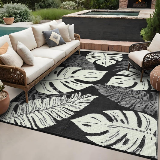 GAOMON Waterproof 8x10 Outdoor Rug Reversible Plastic Straw Rug Modern Patio Carpet, Foldable Lightweight RV Camping Mat with Portable Bag & 4 Stakes, UV Resistant & Sturdy for Picnic, Beige