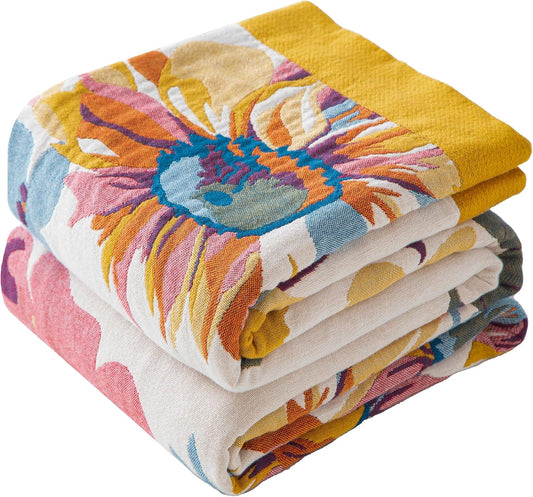 Boho Throw Blanket Full Size, Extra Large Soft Cozy Cotton Muslin Quilt Blanket for Bed Decor, Floral Patterned Couch Sofa Chair Cover, Vintage Farmhouse Cottage Woven Blanket, Yellow&Blue