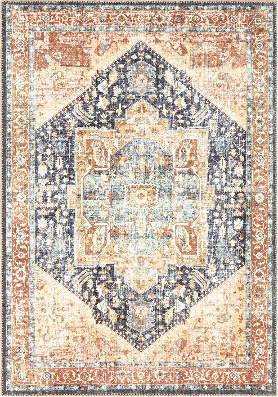 Keen Home Design 8x10 Rug - Machine Washable Area Rug with Non-Slip Backing, Ideal for Living Room, Dining Room, Bedroom - Vintage, Easy Clean, Durable, Low Pile Rug - (8' x 10')