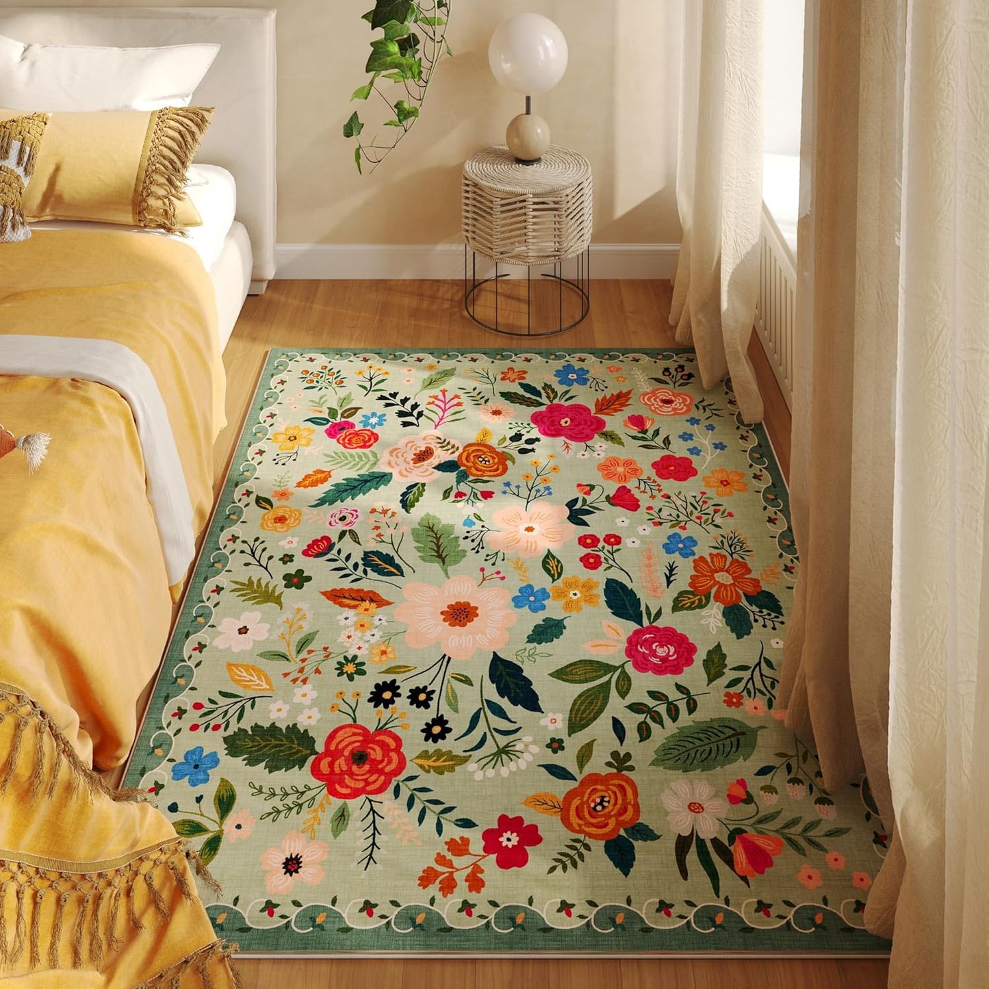 Area Rug 4x6 Rug Washable Boho Rugs Non Slip Low Pile Floral Small Carpet for Bedroom, Bedside, Kids Room, Office, Dining Room(Green)