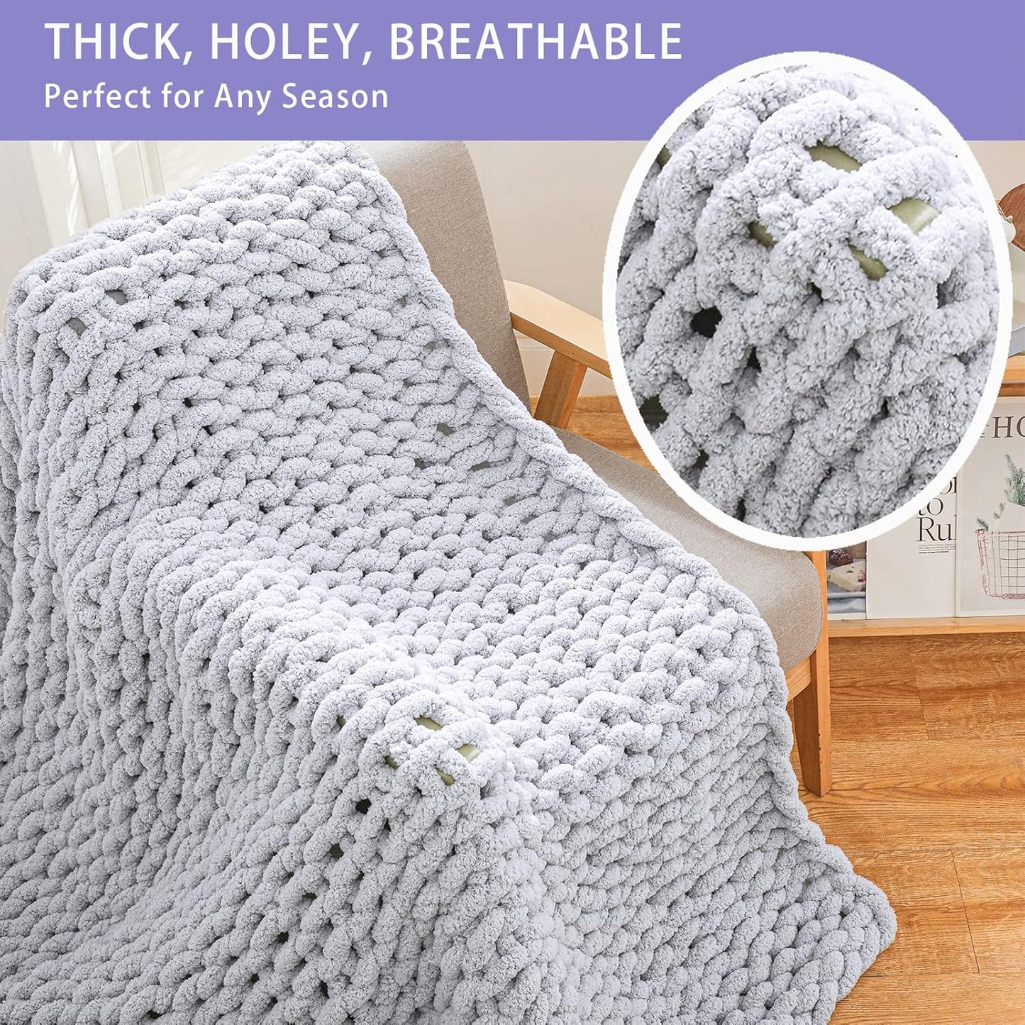 Bigacogo Chunky Knit Throw Blanket for Couch, 40x60 inches, 100% Hand Knitted with Thick Jumbo Chenille Yarn, Cozy Soft Large Rope Knot Cable Crochet Blankets for Sofa Bed Living Room, Light Grey