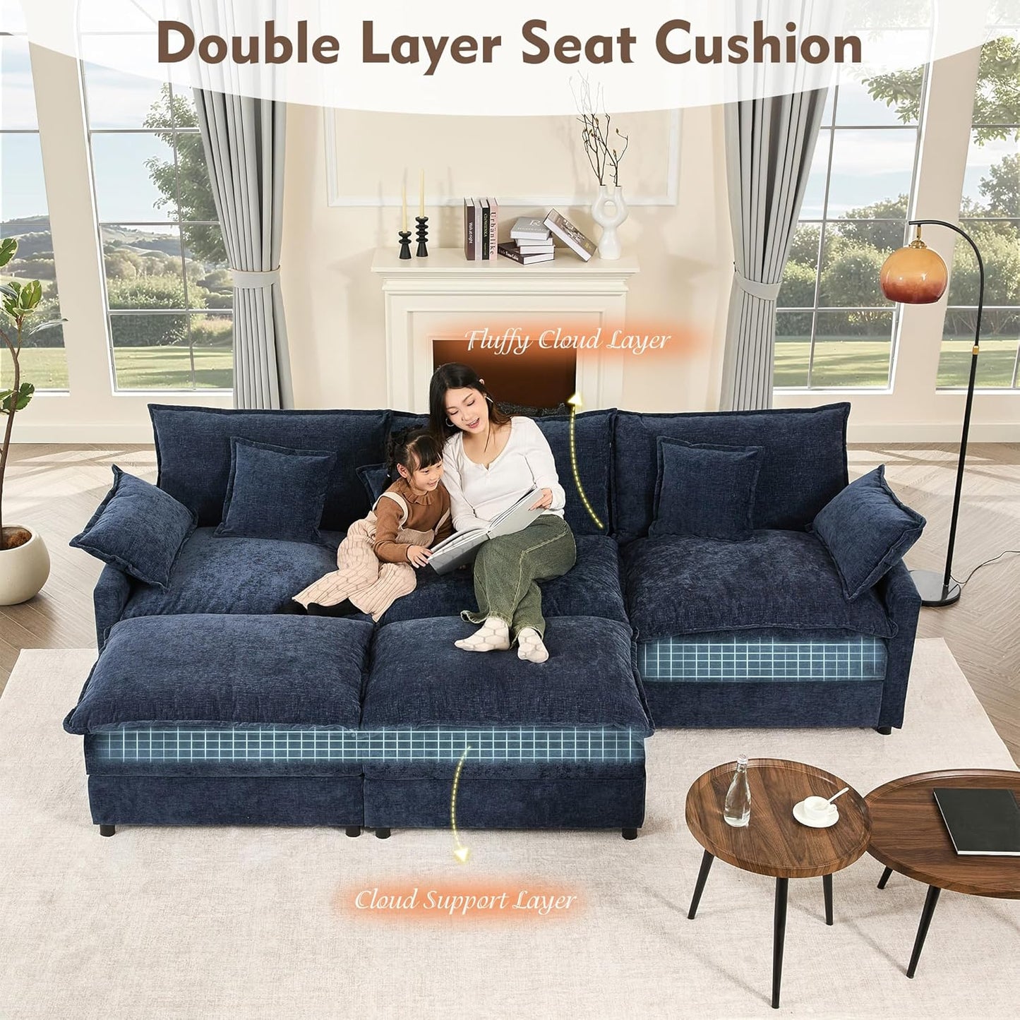 108" U Shaped Couch, Modular Sectional Sofa, 3-Seater Comfy Cloud Couch with Movable Ottoman, Deep Seat Couches for Living Room, Chenille, Navy
