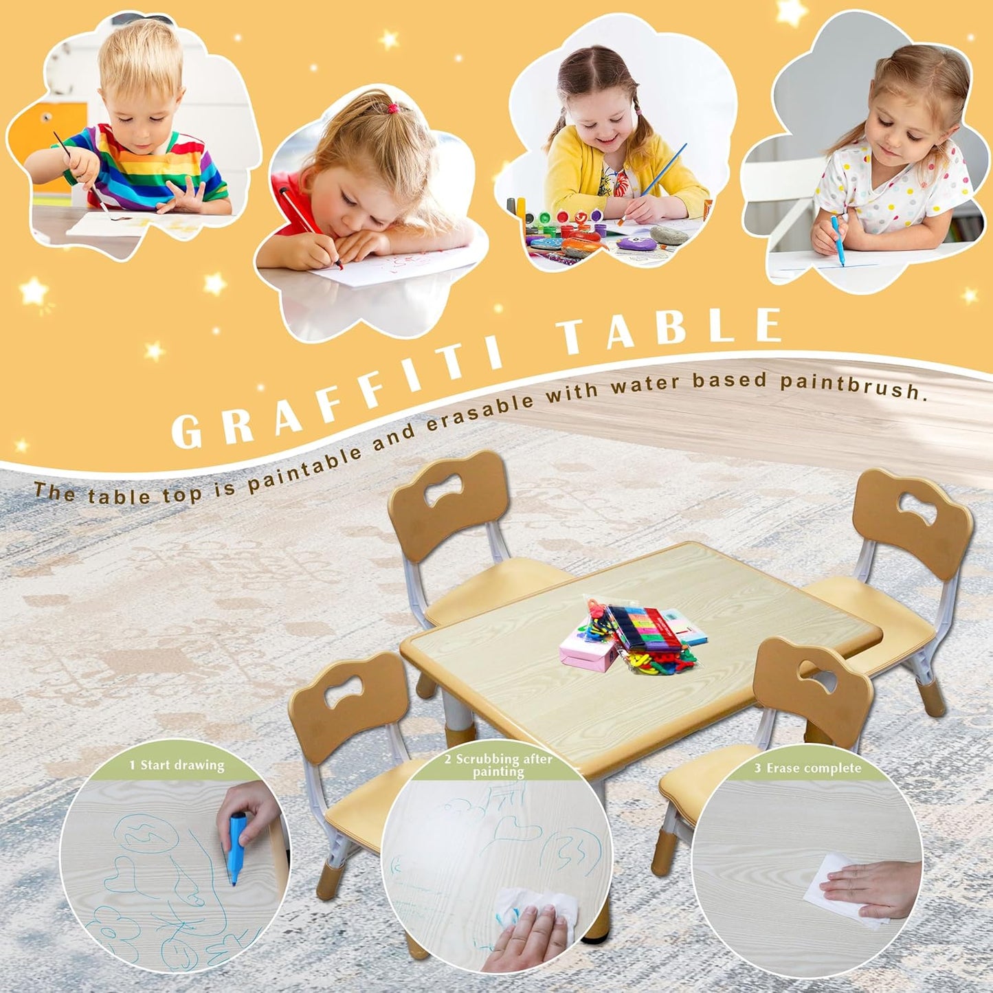 Kids Table and 4 Chairs Set with Graffiti Desktop, Toddler Furniture Set, Non-Slip, Table Children Study Desk, Dining Table, Height Adjustable Desk, Painting Desktop for Kids (31.5x23.6Inch)
