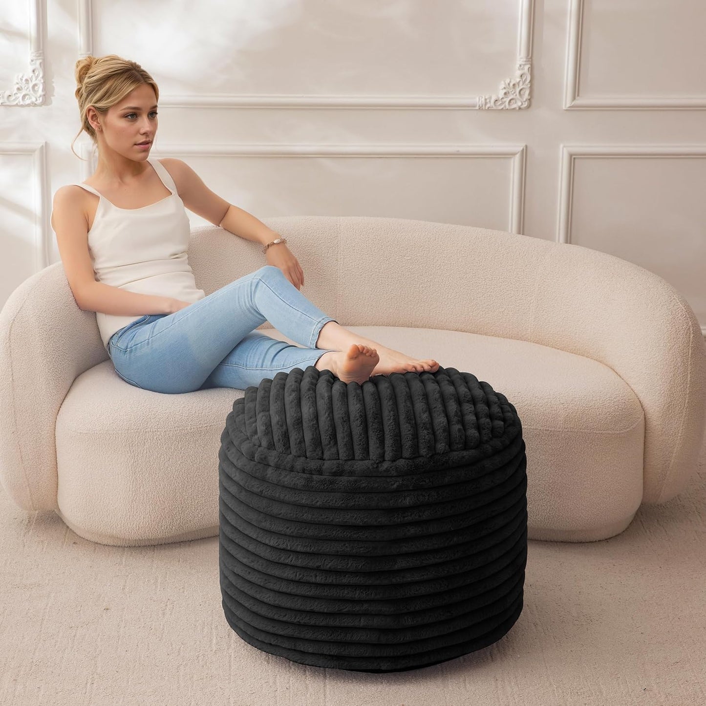 HIGOGOGO Round Stuffed Pouf Ottoman, Stripe Faux Fur Poufs with Foam Chunk Filling, Furry and Fluffy Pouf Foot Stool Storage Ottoman, 26 X 18 Floor Poufs Foot Rest for Living Room, Black