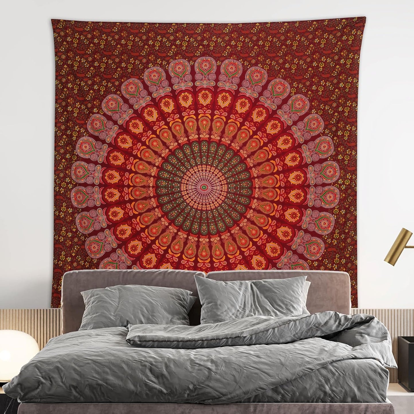 Bless International Handmade Indian hippie Bohemian Psychedelic Peacock Mandala Wall hanging College Dorm Beach Throws Table Cloth Bedding Tapestry (Maroon Yellow, King(88x104Inches)(225x265Cms))