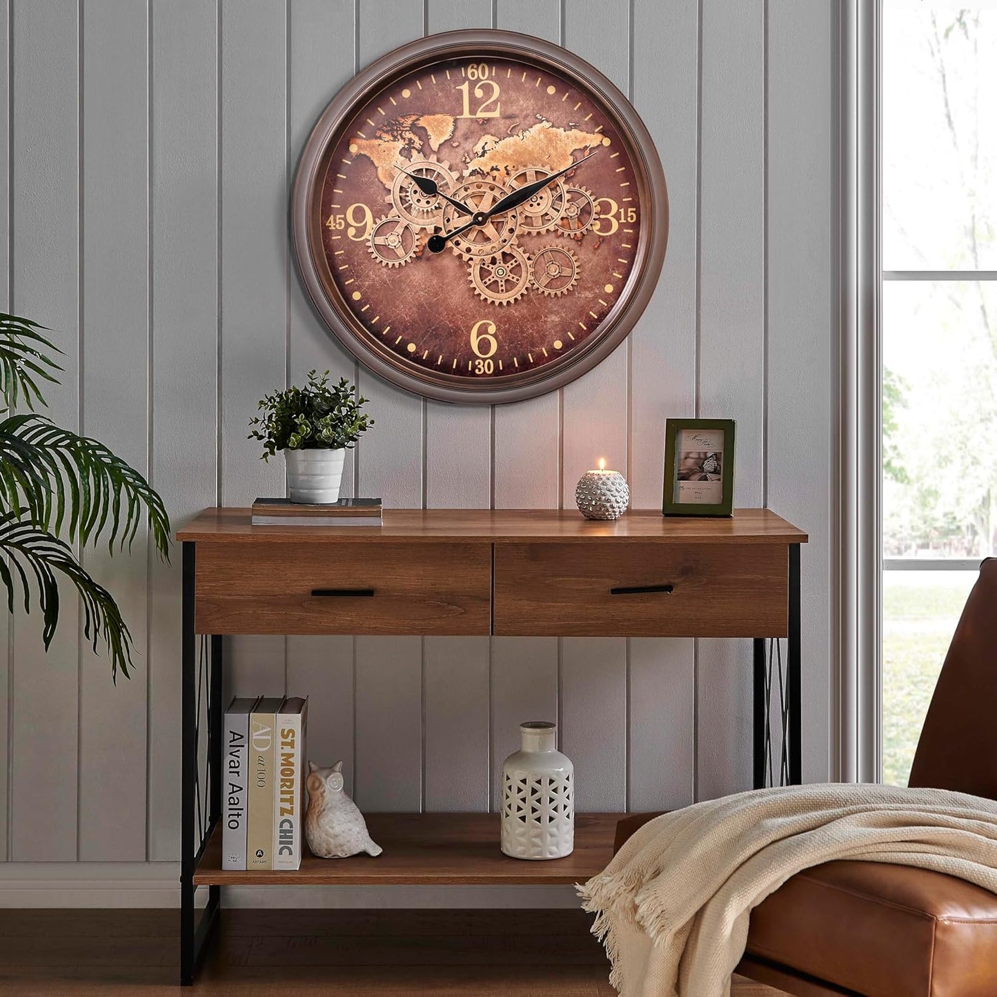 CLXEAST 24 Inch Large Wall Clock with Moving Gears, Industrial Clocks with World Map Dial, Oversized Cool Wall Clock for Living Room Decor,Oil Rubbed Bronze Brown