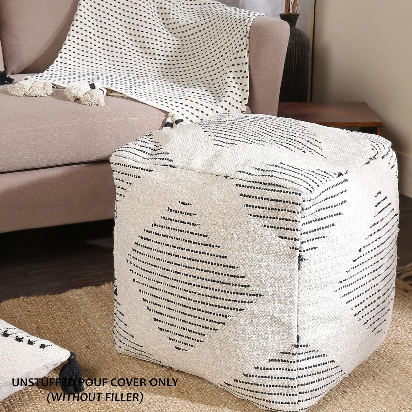 REDEARTH · UNSTUFFED Pouf Ottoman Cover Textured Boho Storage Square Home Decor Poof Pouffe Space Saver Footrest for Living Room, Bedroom, Nursery, Kidsroom; 100% Cotton (18"x18"x18"; Black)