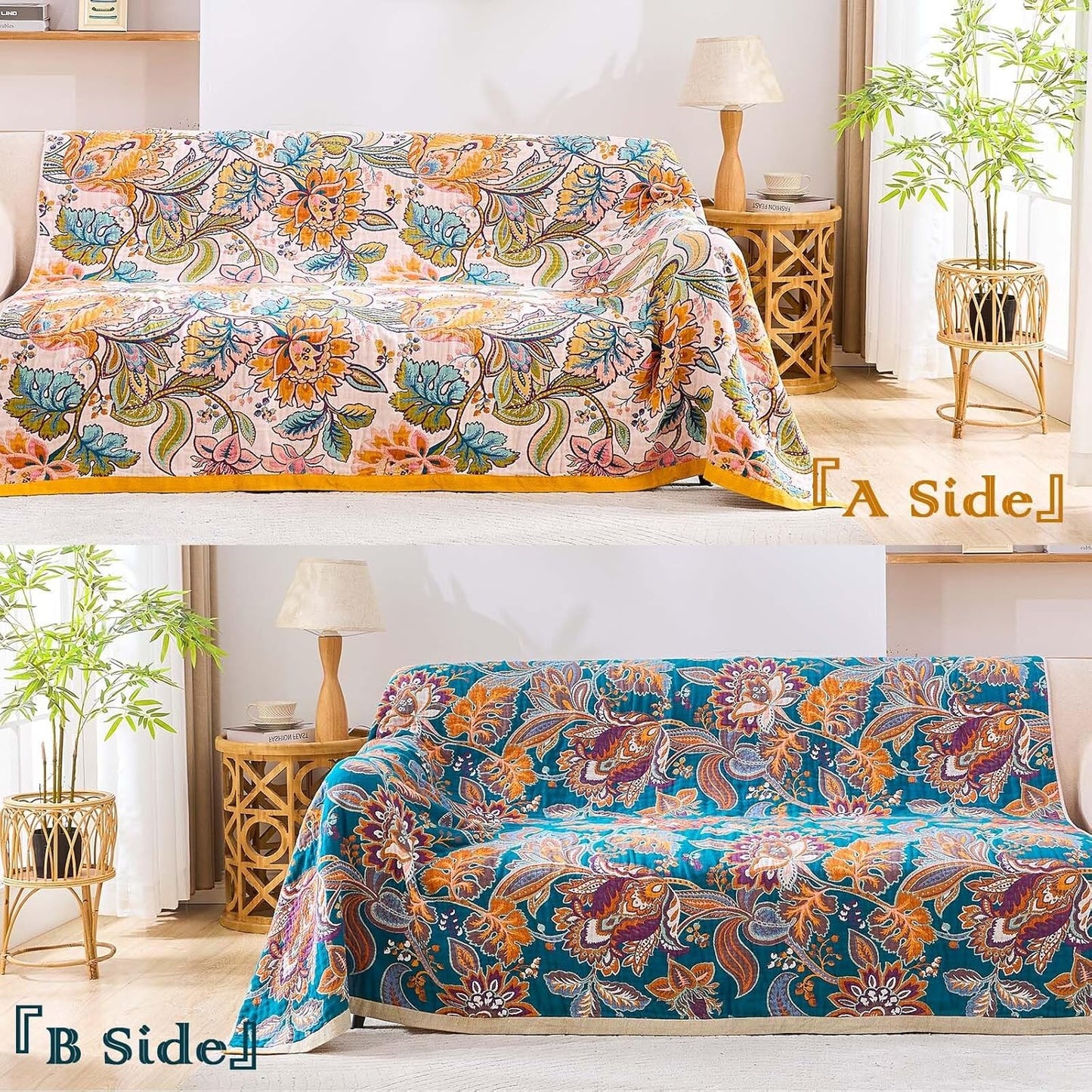 Boho Throw Blanket for Bed, 100% Cotton Soft Rustic Quilt Fall Blanket, 60"x80" Floral Printed Farmhouse Decor Bed Blankets, All Season Rustic Reversible Bohemian Throw Quilt