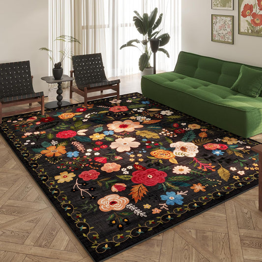 Area Rugs 9x12 Living Room Clearance Washable Boho Rug Non Slip Floral Vintage Low Pile Large Rug for Living Room, Bedroom, Farmhouse, Dining Room, Kids Playroom(Black)